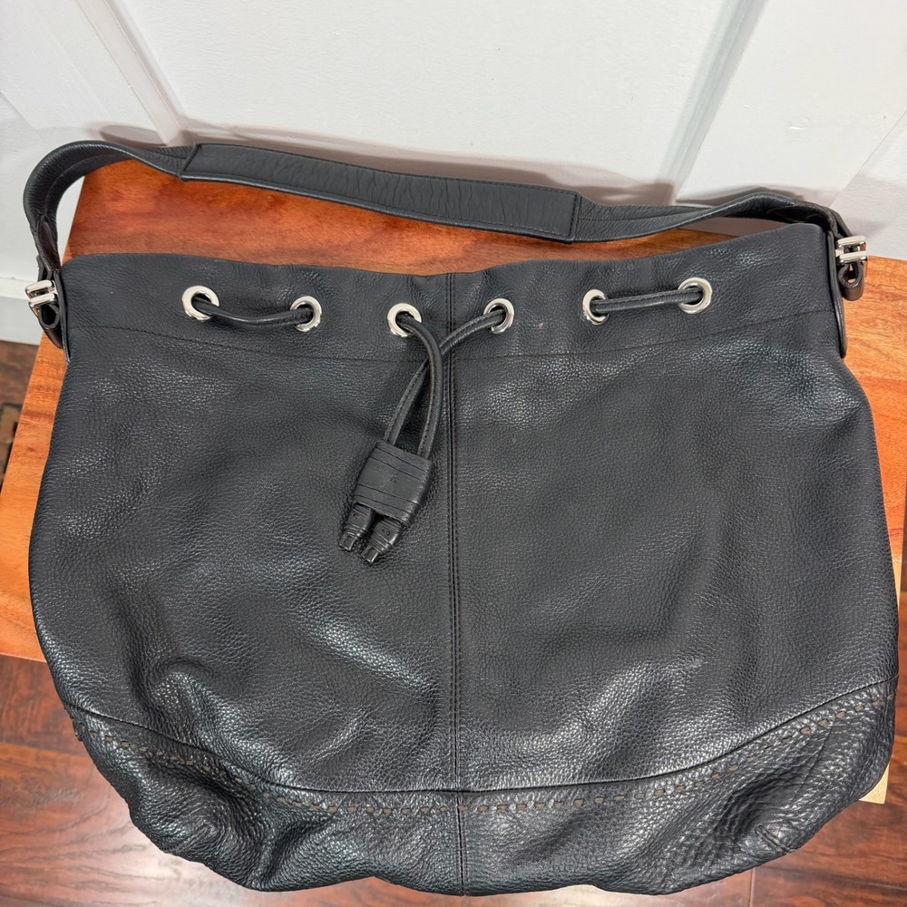 Cole Haan Black‎ Leather Drawstring Bucket Bag Silver Tone Hardware READ